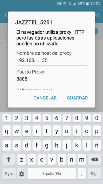 Figura 3: Configuración del proxy en el dispositivo móvil.